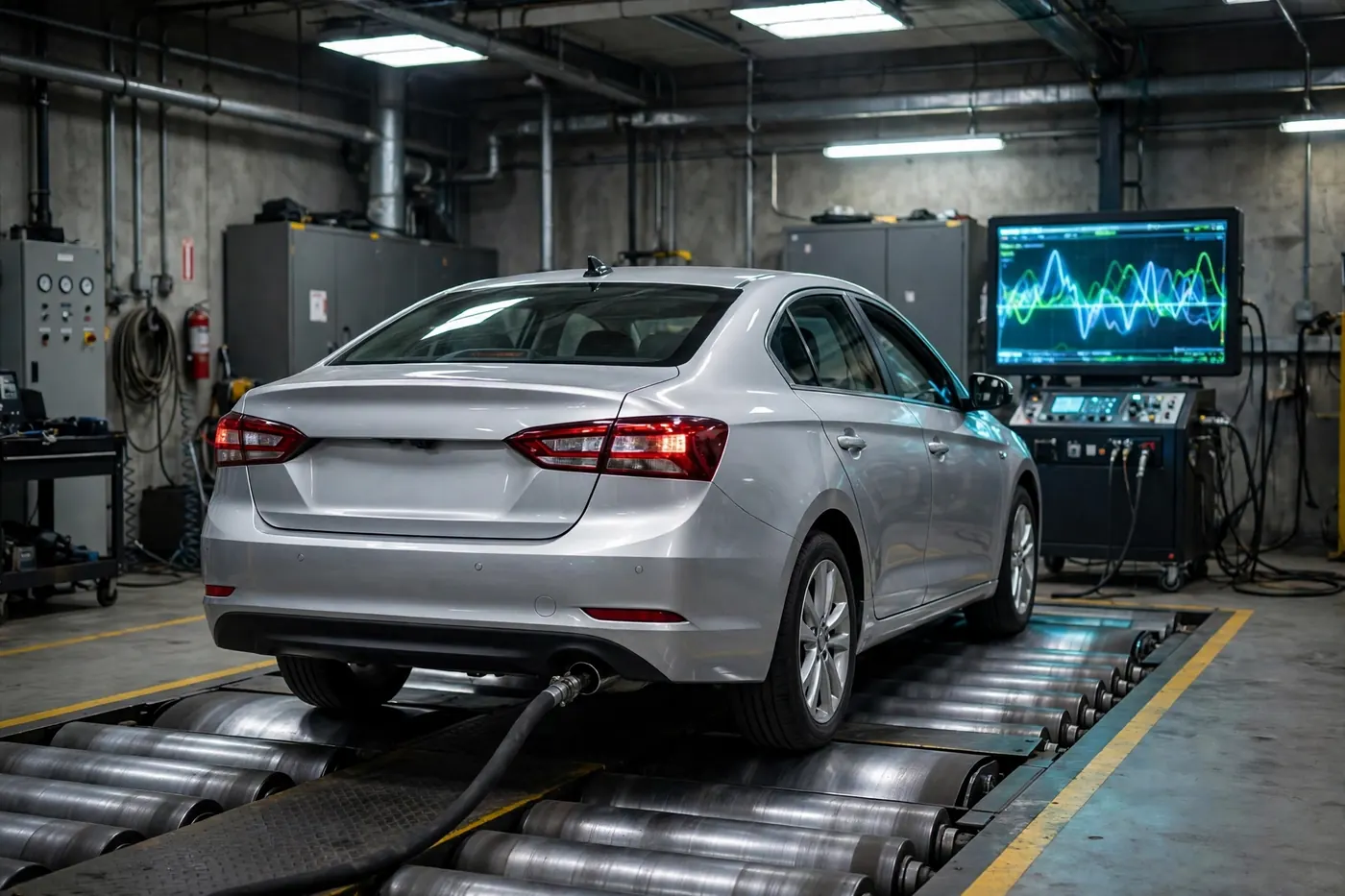 Car on the rollers inside a smog check inspection bay